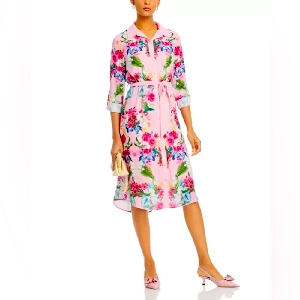 T Tahari Floral Belted Midi Dress Rose Pink XS